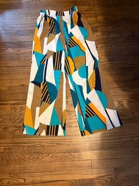 SHEIN Teal Mustard Navy Tan Geometric Wide-Leg Pants
